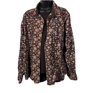 Classic Blues Womens Corduroy Floral Button Down Shirt Long Sleeve Brown Pink 1X